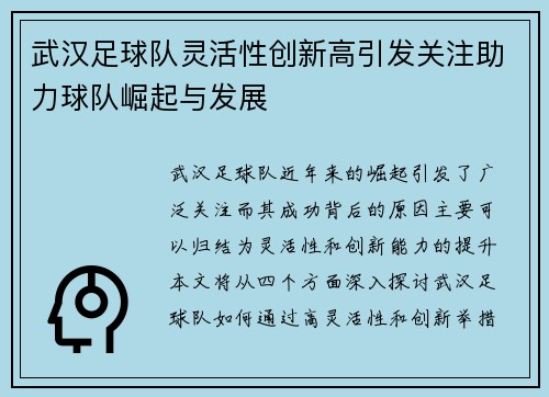 武汉足球队灵活性创新高引发关注助力球队崛起与发展