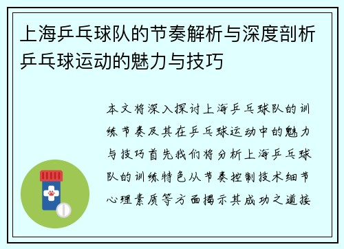 上海乒乓球队的节奏解析与深度剖析乒乓球运动的魅力与技巧