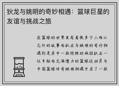 狄龙与姚明的奇妙相遇：篮球巨星的友谊与挑战之旅