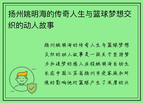 扬州姚明海的传奇人生与篮球梦想交织的动人故事