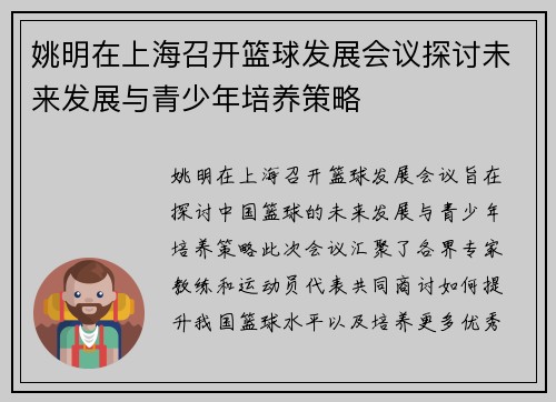 姚明在上海召开篮球发展会议探讨未来发展与青少年培养策略