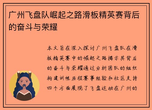 广州飞盘队崛起之路滑板精英赛背后的奋斗与荣耀