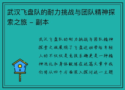 武汉飞盘队的耐力挑战与团队精神探索之旅 - 副本