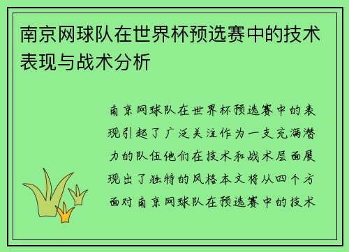 南京网球队在世界杯预选赛中的技术表现与战术分析